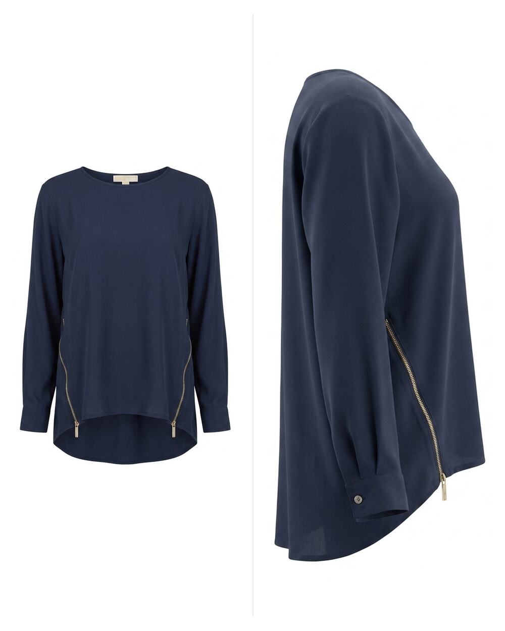 MICHAEL Michael Kors Blue Side Zip High-Low Long Sleeve Blouse Women Size L